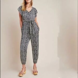 Anthropologie Zadie Jumpsuit Patterned Button Down Elastic Waist Navy White